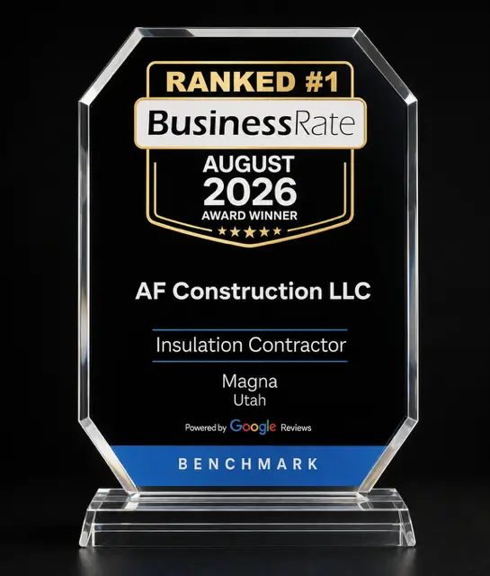 BusinessRate award plaque reading Ranked #1, August 2026 Award Winner, AF Construction LLC, Insulation Contractor, Magna Utah